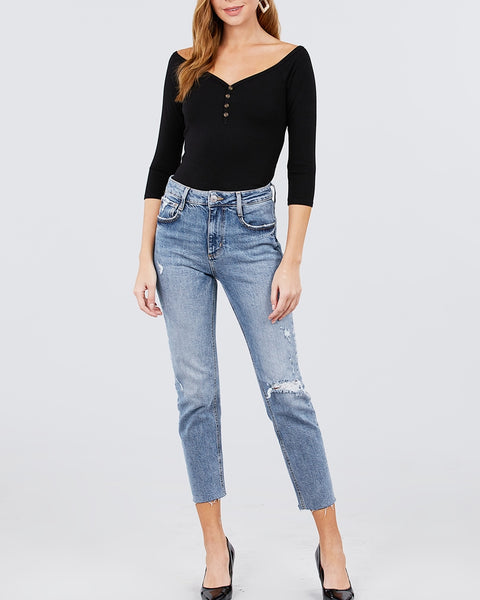 Ribbed Button Top - Black