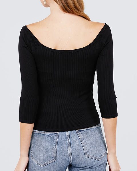 Ribbed Button Top - Black